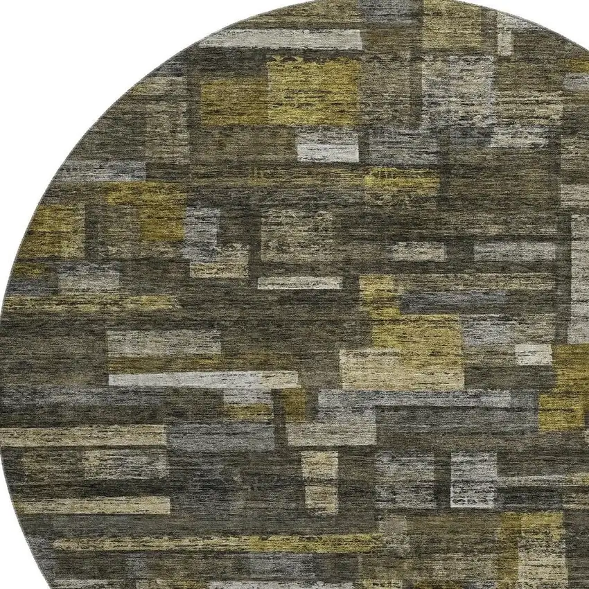 8' Charcoal Gray And Gold Striped Washable Round Rug With UV Protection Photo 2