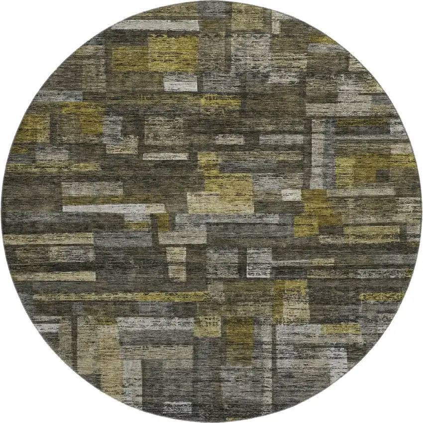 8' Charcoal Gray And Gold Striped Washable Round Rug With UV Protection Photo 1