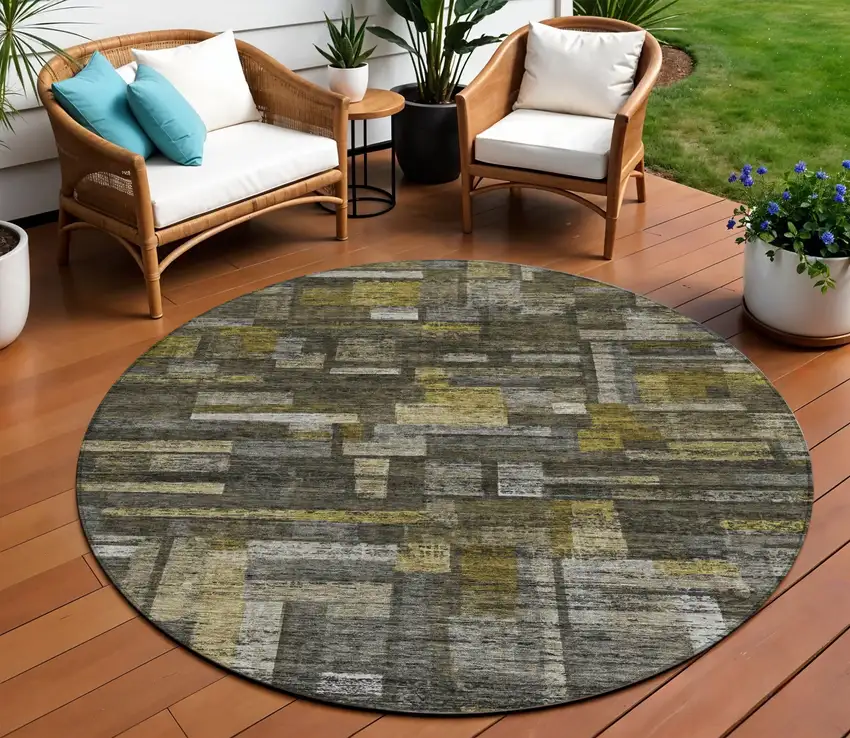 8' Charcoal Gray And Green Round Striped Washable Indoor Outdoor Area Rug Photo 1