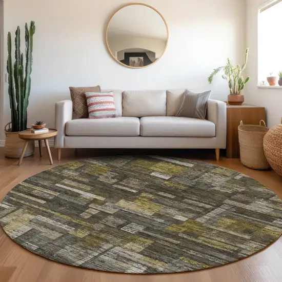 8' Charcoal Gray And Green Round Striped Washable Indoor Outdoor Area Rug Photo 7