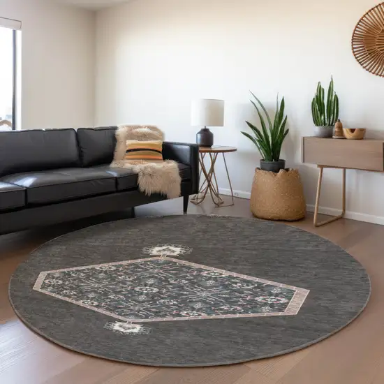 8' Charcoal Gray And Ivory Oriental Washable Round Rug With UV Protection Photo 5
