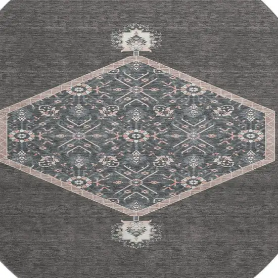 8' Charcoal Gray And Ivory Oriental Washable Round Rug With UV Protection Photo 2