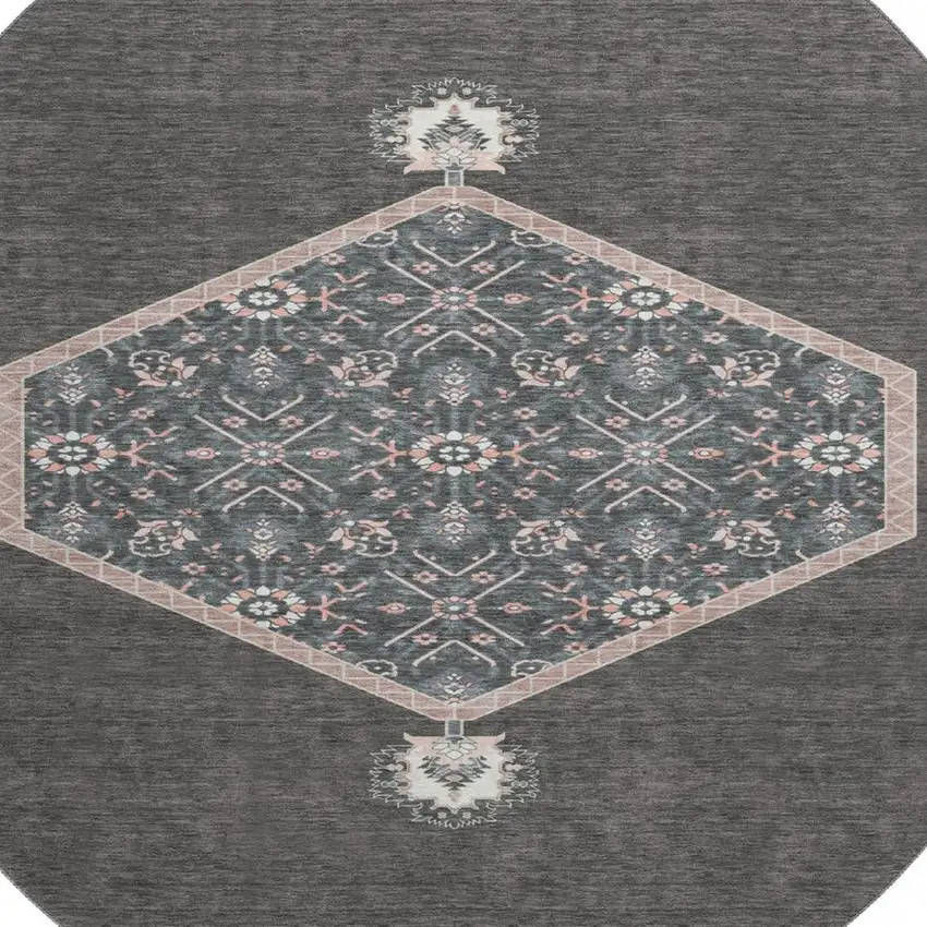 8' Charcoal Gray And Ivory Oriental Washable Round Rug With UV Protection Photo 2