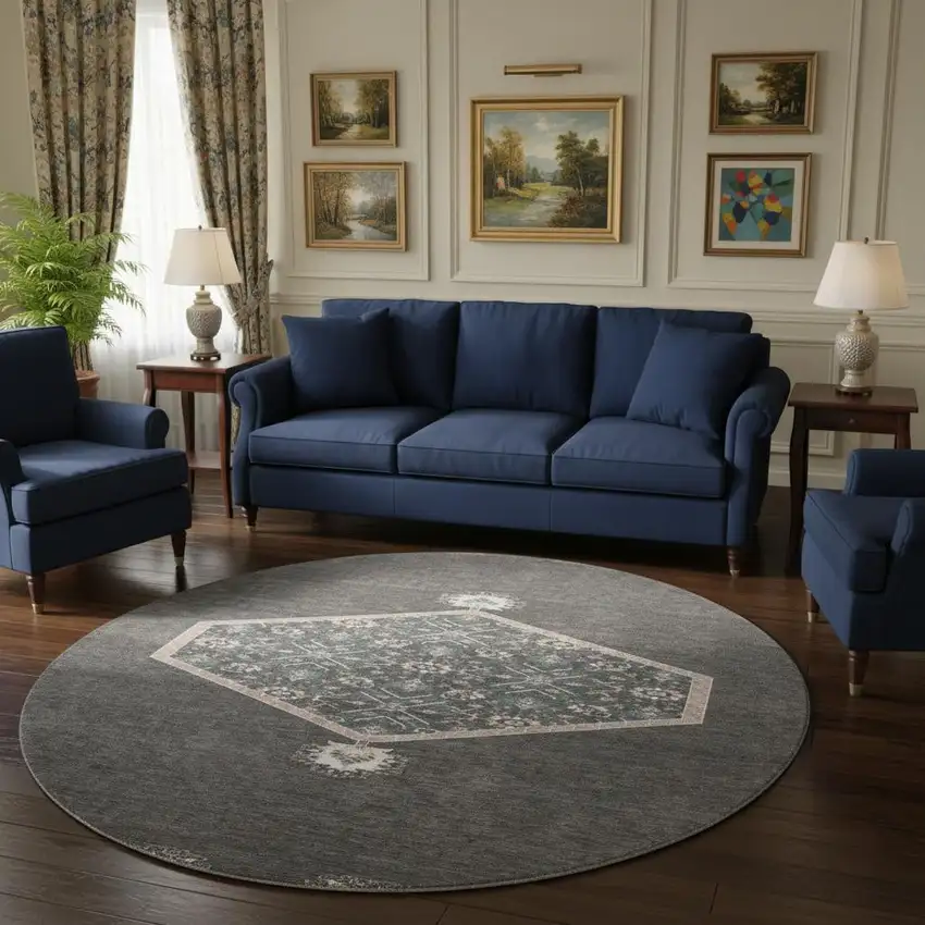 8' Charcoal Gray And Ivory Oriental Washable Round Rug With UV Protection Photo 2