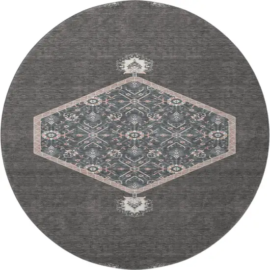 8' Charcoal Gray And Ivory Oriental Washable Round Rug With UV Protection Photo 3