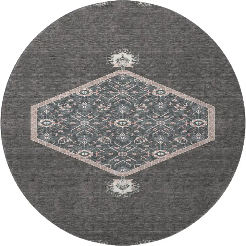 8' Charcoal Gray And Ivory Oriental Washable Round Rug With UV Protection Photo 3