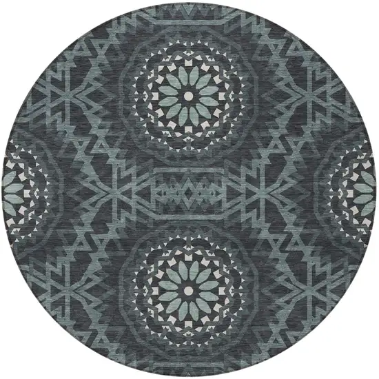 8' Charcoal Gray And Ivory Round Floral Medallion Washable Indoor Outdoor Area Rug Photo 5