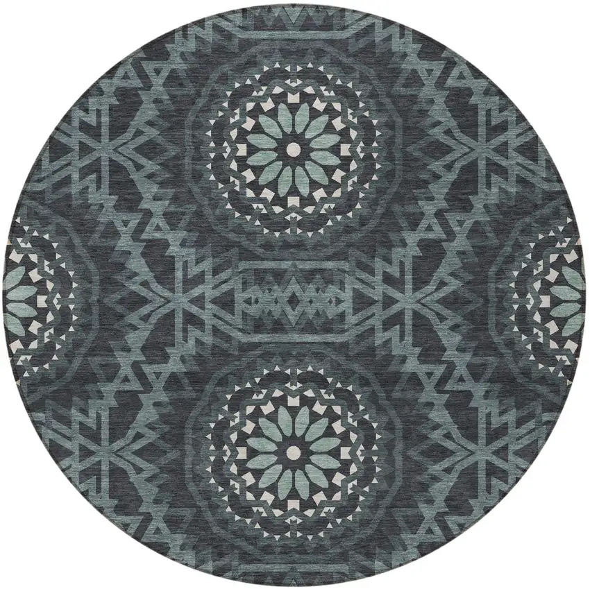8' Charcoal Gray And Ivory Round Floral Medallion Washable Indoor Outdoor Area Rug Photo 5