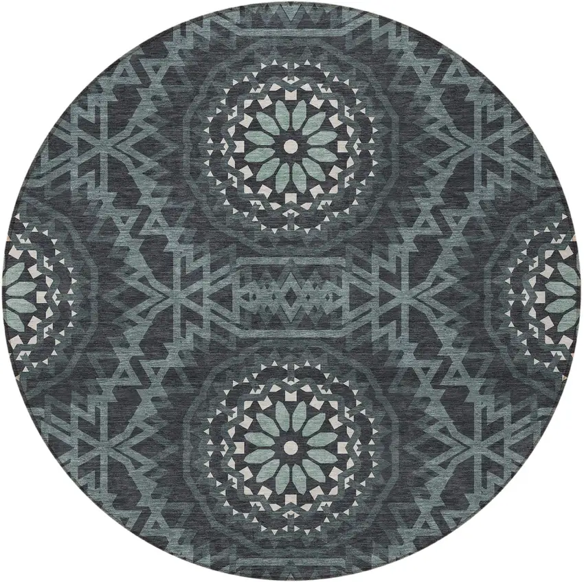 8' Charcoal Gray And Ivory Round Floral Medallion Washable Indoor Outdoor Area Rug Photo 5