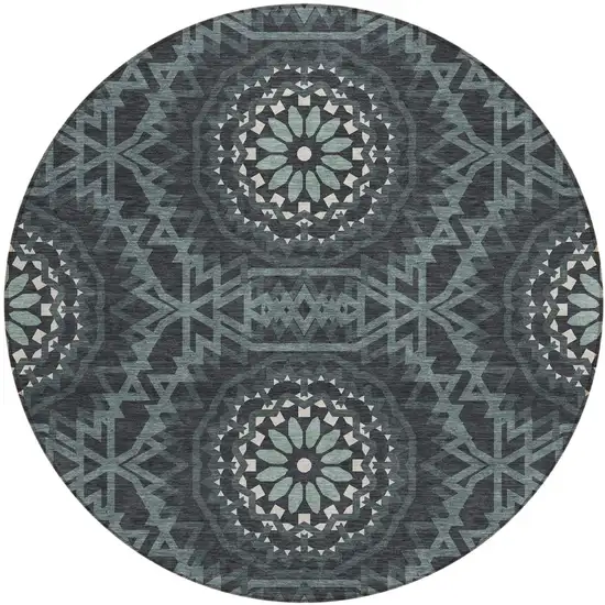8' Charcoal Gray And Ivory Round Floral Medallion Washable Indoor Outdoor Area Rug Photo 2