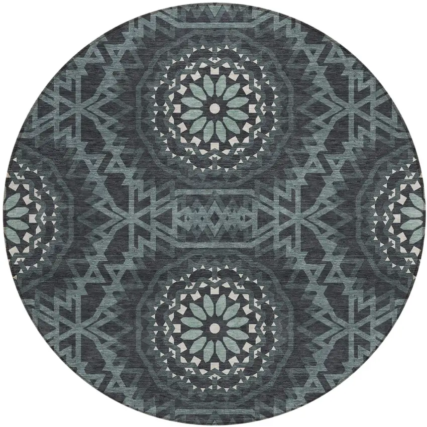 8' Charcoal Gray And Ivory Round Floral Medallion Washable Indoor Outdoor Area Rug Photo 2