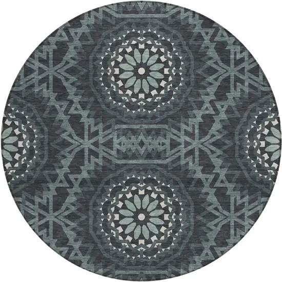 8' Charcoal Gray And Ivory Round Floral Medallion Washable Indoor Outdoor Area Rug Photo 2