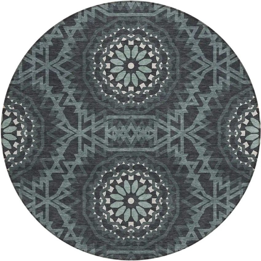 8' Charcoal Gray And Ivory Round Floral Medallion Washable Indoor Outdoor Area Rug Photo 2