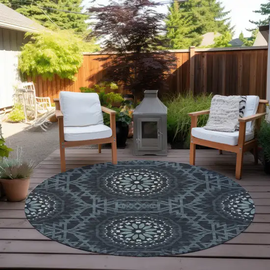 8' Charcoal Gray And Ivory Round Floral Medallion Washable Indoor Outdoor Area Rug Photo 6