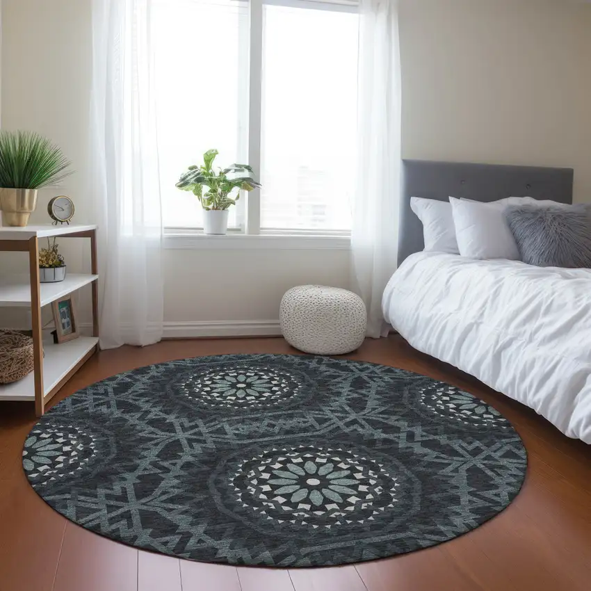 8' Charcoal Gray And Ivory Round Floral Medallion Washable Indoor Outdoor Area Rug Photo 7