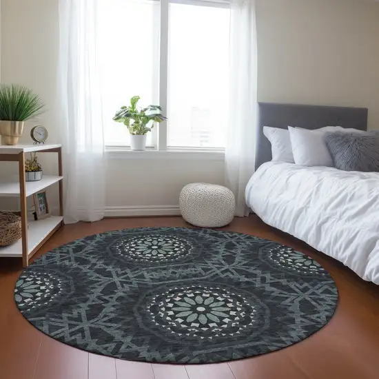8' Charcoal Gray And Ivory Round Floral Medallion Washable Indoor Outdoor Area Rug Photo 7