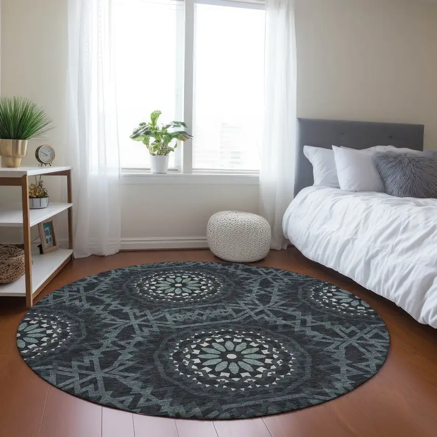 8' Charcoal Gray And Ivory Round Floral Medallion Washable Indoor Outdoor Area Rug Photo 7