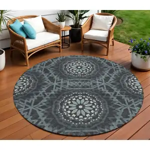 Photo of 8' Charcoal Gray And Ivory Round Floral Medallion Washable Indoor Outdoor Area Rug