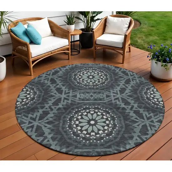 8' Charcoal Gray And Ivory Round Floral Medallion Washable Indoor Outdoor Area Rug Photo 1