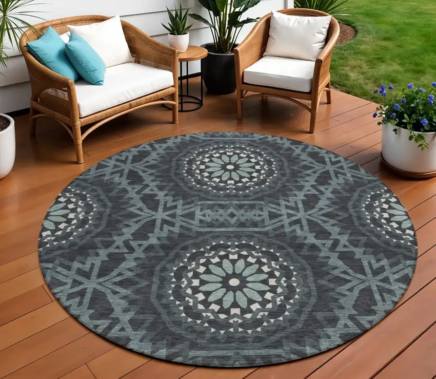 8' Charcoal Gray And Ivory Round Floral Medallion Washable Indoor Outdoor Area Rug Photo 1