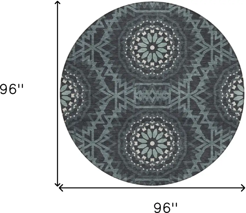 8' Charcoal Gray And Ivory Round Floral Medallion Washable Indoor Outdoor Area Rug Photo 3