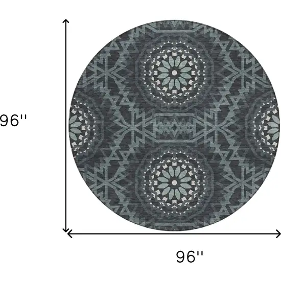 8' Charcoal Gray And Ivory Round Floral Medallion Washable Indoor Outdoor Area Rug Photo 3