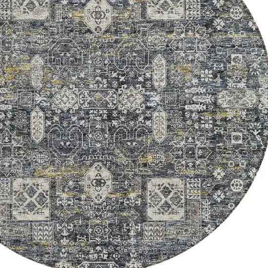 8' Charcoal Gray And Ivory Round Oriental Washable Indoor Outdoor Area Rug Photo 5