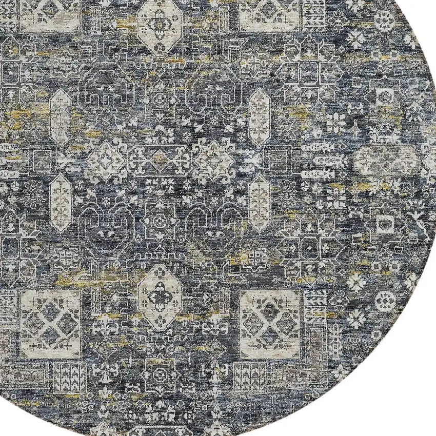8' Charcoal Gray And Ivory Round Oriental Washable Indoor Outdoor Area Rug Photo 5