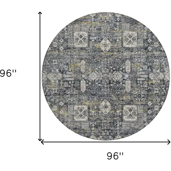 8' Charcoal Gray And Ivory Round Oriental Washable Indoor Outdoor Area Rug Photo 9