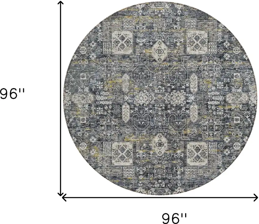 8' Charcoal Gray And Ivory Round Oriental Washable Indoor Outdoor Area Rug Photo 9