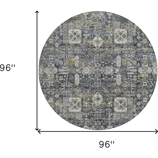 8' Charcoal Gray And Ivory Round Oriental Washable Indoor Outdoor Area Rug Photo 9