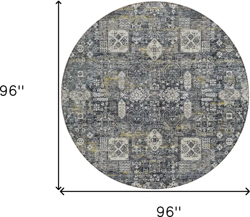 8' Charcoal Gray And Ivory Round Oriental Washable Indoor Outdoor Area Rug Photo 9