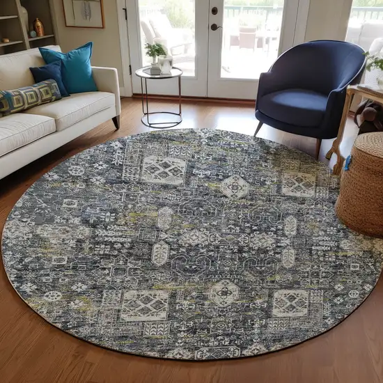 8' Charcoal Gray And Ivory Round Oriental Washable Indoor Outdoor Area Rug Photo 8