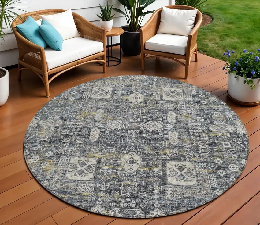 8' Charcoal Gray And Ivory Round Oriental Washable Indoor Outdoor Area Rug Photo 1