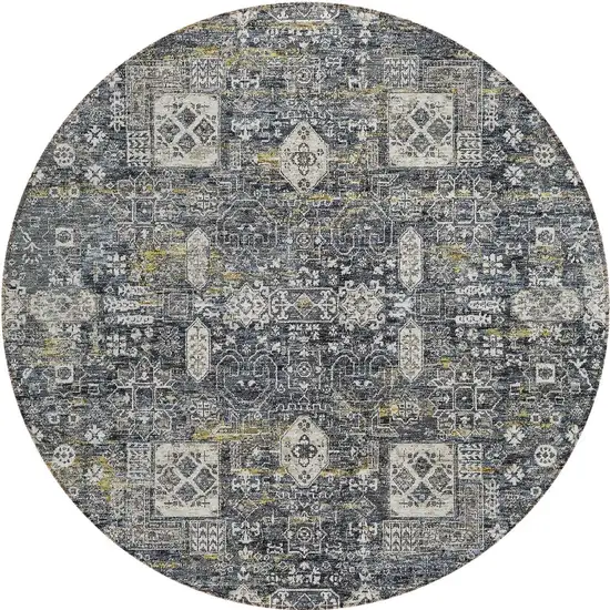 8' Charcoal Gray And Ivory Round Oriental Washable Indoor Outdoor Area Rug Photo 6