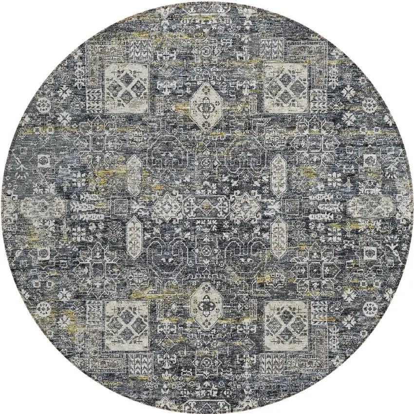 8' Charcoal Gray And Ivory Round Oriental Washable Indoor Outdoor Area Rug Photo 6