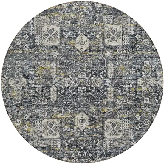 8' Charcoal Gray And Ivory Round Oriental Washable Indoor Outdoor Area Rug Photo 1