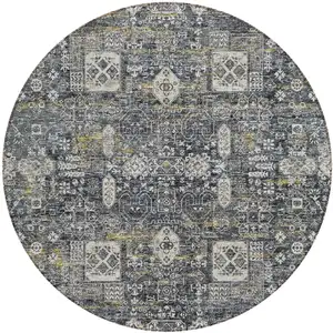 Photo of 8' Charcoal Gray And Ivory Round Oriental Washable Indoor Outdoor Area Rug