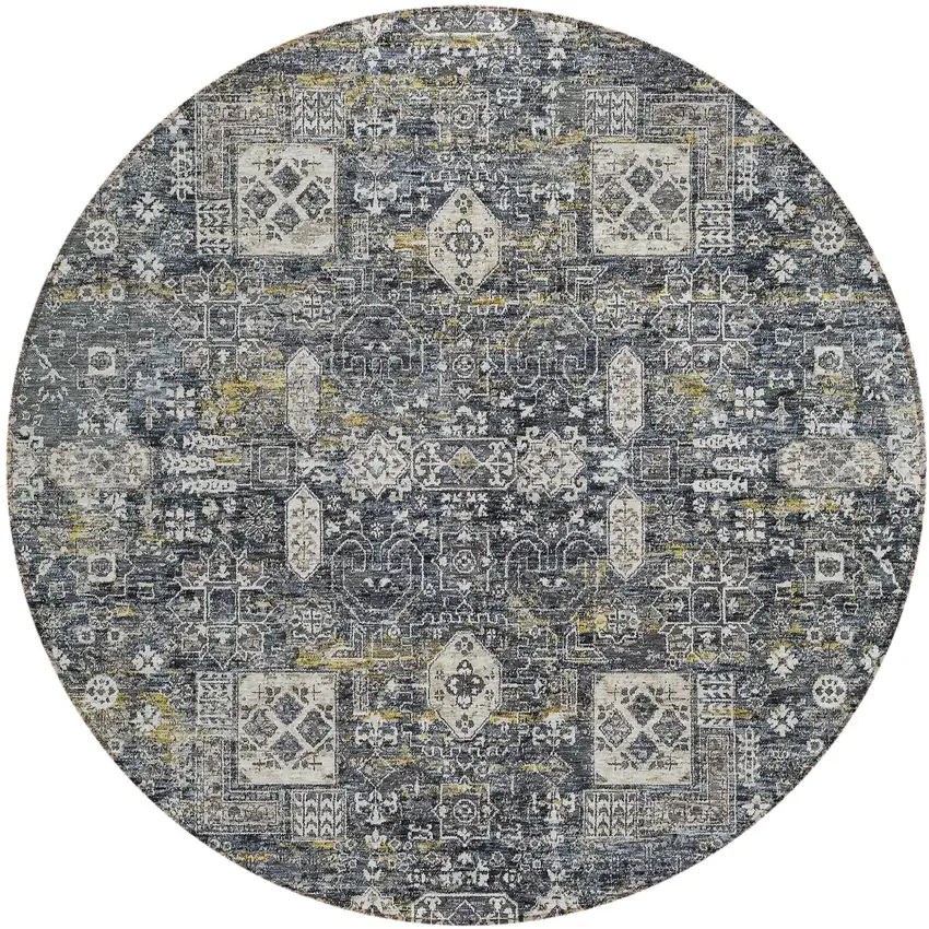 8' Charcoal Gray And Ivory Round Oriental Washable Indoor Outdoor Area Rug Photo 1