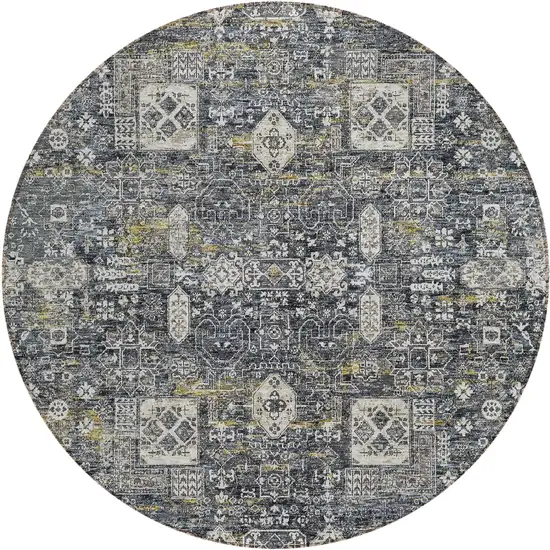 8' Charcoal Gray And Ivory Round Oriental Washable Indoor Outdoor Area Rug Photo 1
