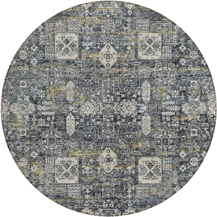 8' Charcoal Gray And Ivory Round Oriental Washable Indoor Outdoor Area Rug Photo 1