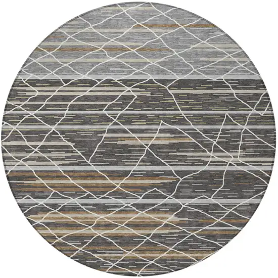 8' Charcoal Gray And Ivory Round Striped Washable Indoor Outdoor Area Rug Photo 5