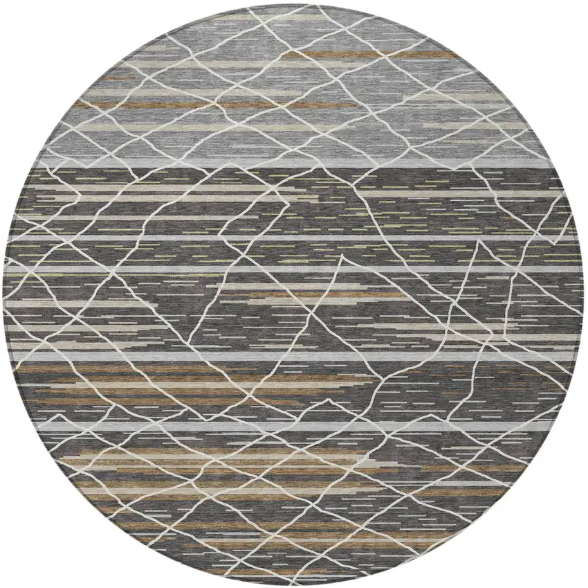 8' Charcoal Gray And Ivory Round Striped Washable Indoor Outdoor Area Rug Photo 5