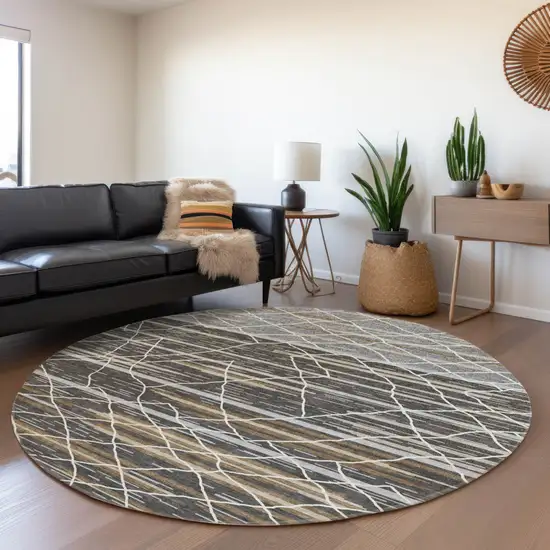 8' Charcoal Gray And Ivory Round Striped Washable Indoor Outdoor Area Rug Photo 7