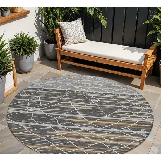 8' Charcoal Gray And Ivory Round Striped Washable Indoor Outdoor Area Rug Photo 1