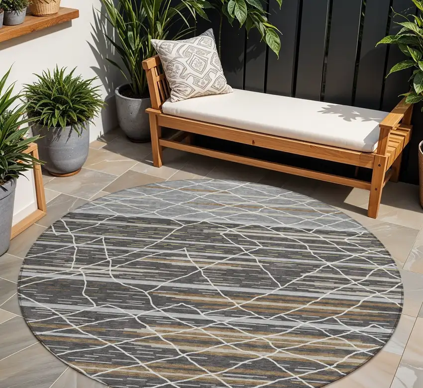 8' Charcoal Gray And Ivory Round Striped Washable Indoor Outdoor Area Rug Photo 1