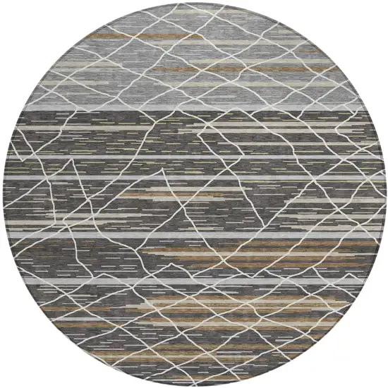 8' Charcoal Gray And Ivory Round Striped Washable Indoor Outdoor Area Rug Photo 2