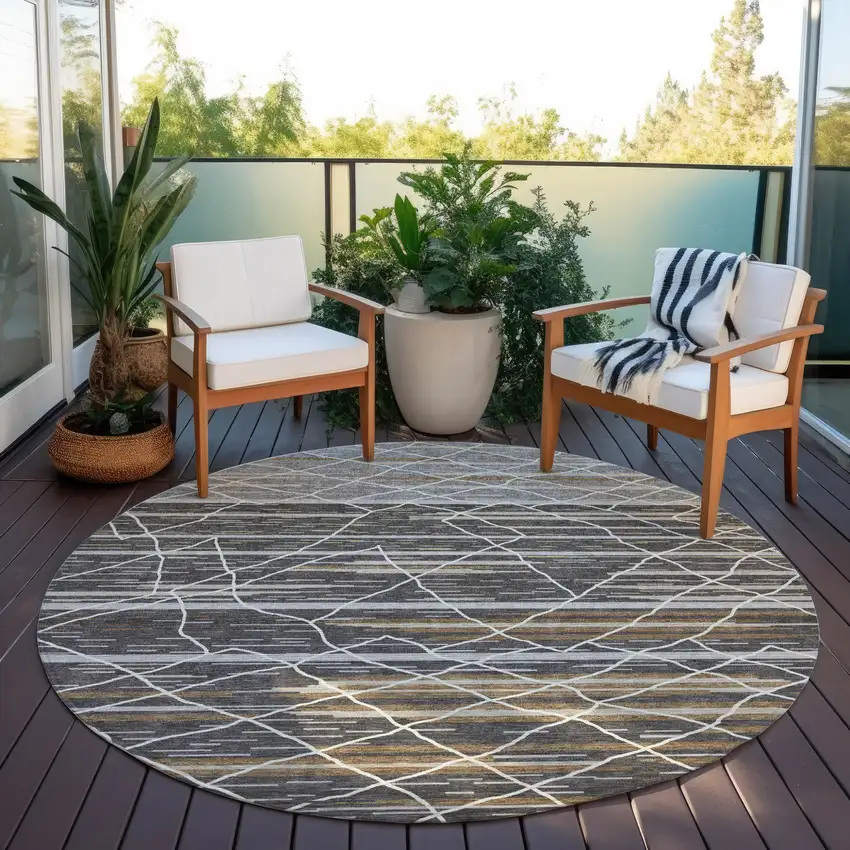 8' Charcoal Gray And Ivory Round Striped Washable Indoor Outdoor Area Rug Photo 6