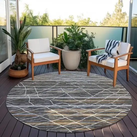 8' Charcoal Gray And Ivory Round Striped Washable Indoor Outdoor Area Rug Photo 6