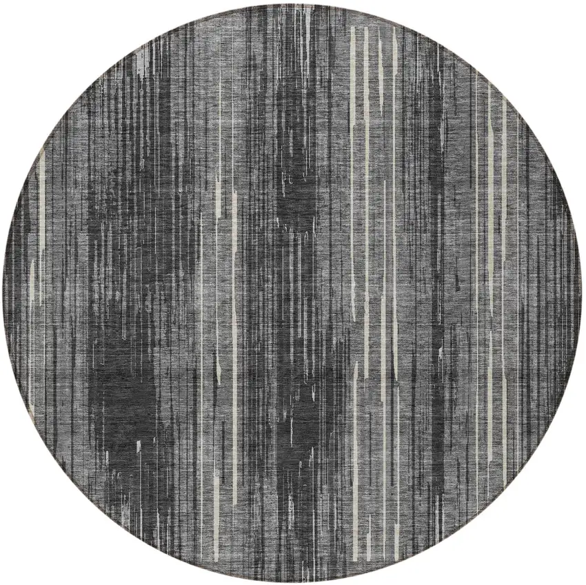 8' Charcoal Gray And Ivory Round Striped Washable Indoor Outdoor Area Rug Photo 5